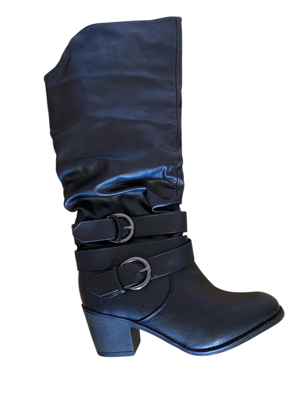 New Women's Black Faux Leather Mid-Calf Buckle Block Heel Boots